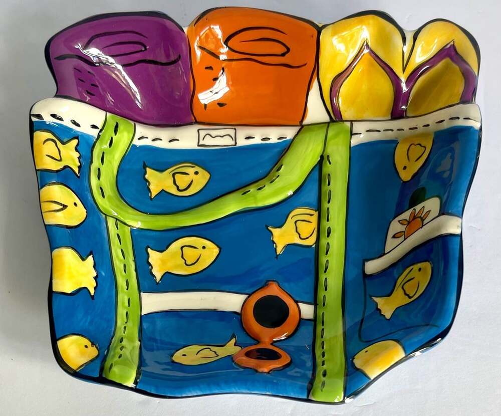 Clay Art Summer Fun Beach Bag Tote Ceramic Serving Dish Bowl